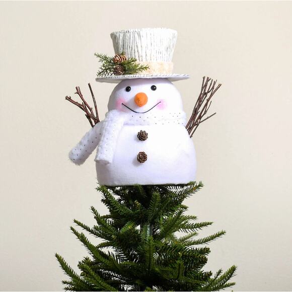 White Fabric Fluffy Snowman Christmas Tree Topper 11.75" w Scarf Top Hat Frosty - Picture 3 of 5
